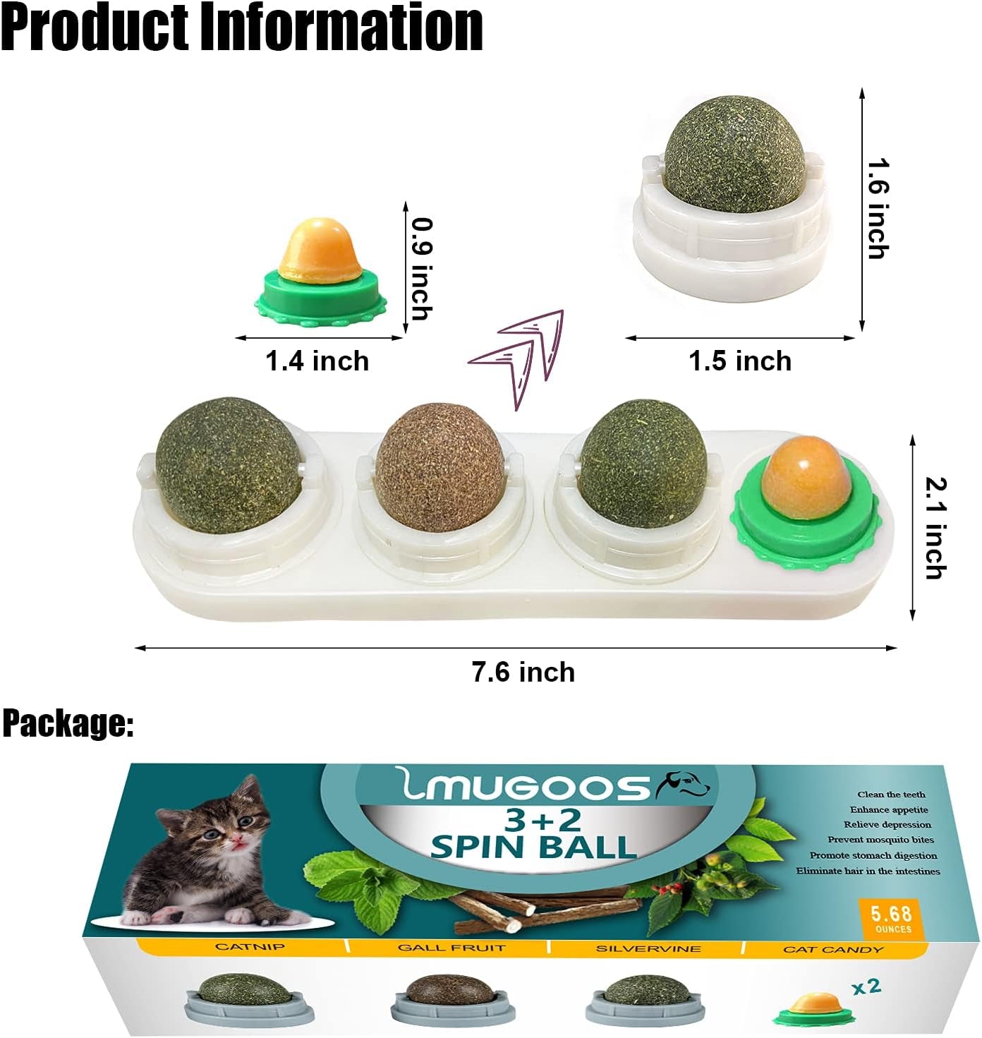 Catnip Cat Toys with 2 Candies, Catnip Wall Ball Toys for Indoor Cats, Rotatable Safe Healthy Edible Licking Balls for Kitty Playing, Kitten Chew Cleaning Teeth Treats Toys…