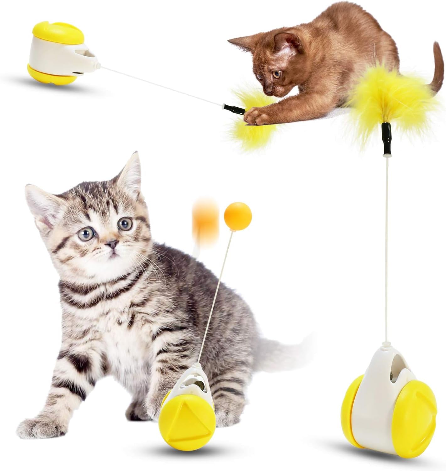 Interactive Roller Catnip Cat Toys, Cat Toys for Indoor Cats Interactive Roller Cat Toy with Catnip Feather Ball Balance Cat Chasing Toy (Yellow)